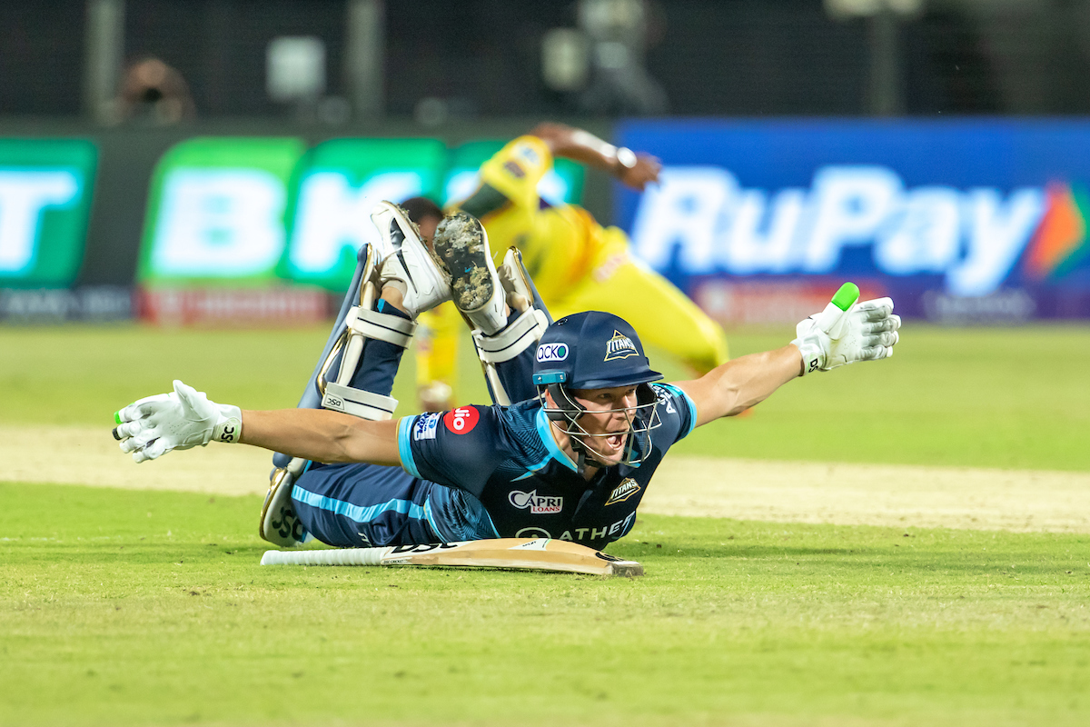 GT's David Miller celebrates on winning the match against CSK on Sunday