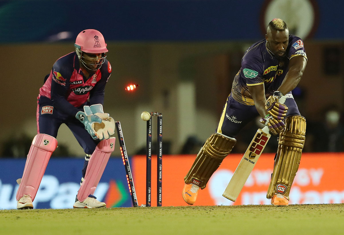 Andre Russell is bowled by Ravichandran Ashwin