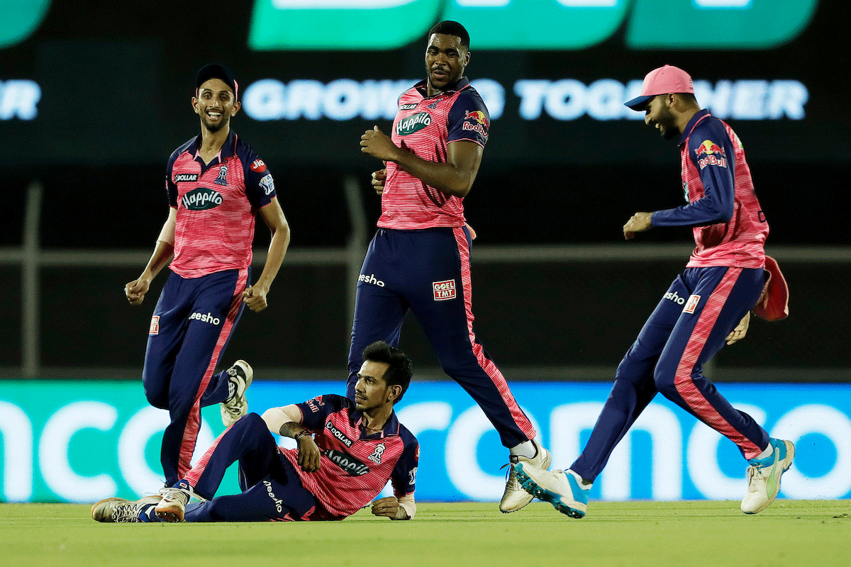 Yuzvendra Chahal celebrates in his signature style on grabbing a hat-trick against KKR on Monday