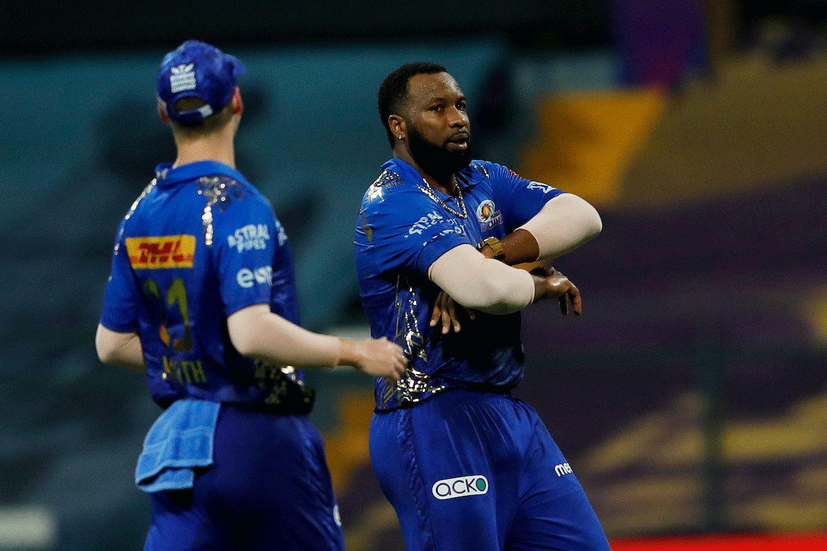 Mumbai Indians' Keiron Pollard celebrates the wicket of Krunal Pandya