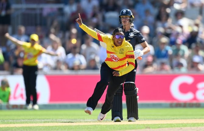 Trent Rockets leg-spinner Alana King celebrates dismissing Kate Cross of Manchester Originals to complete her hat-trick during The Hundred match, at Emirates Old Trafford, Manchester, on Saturday.