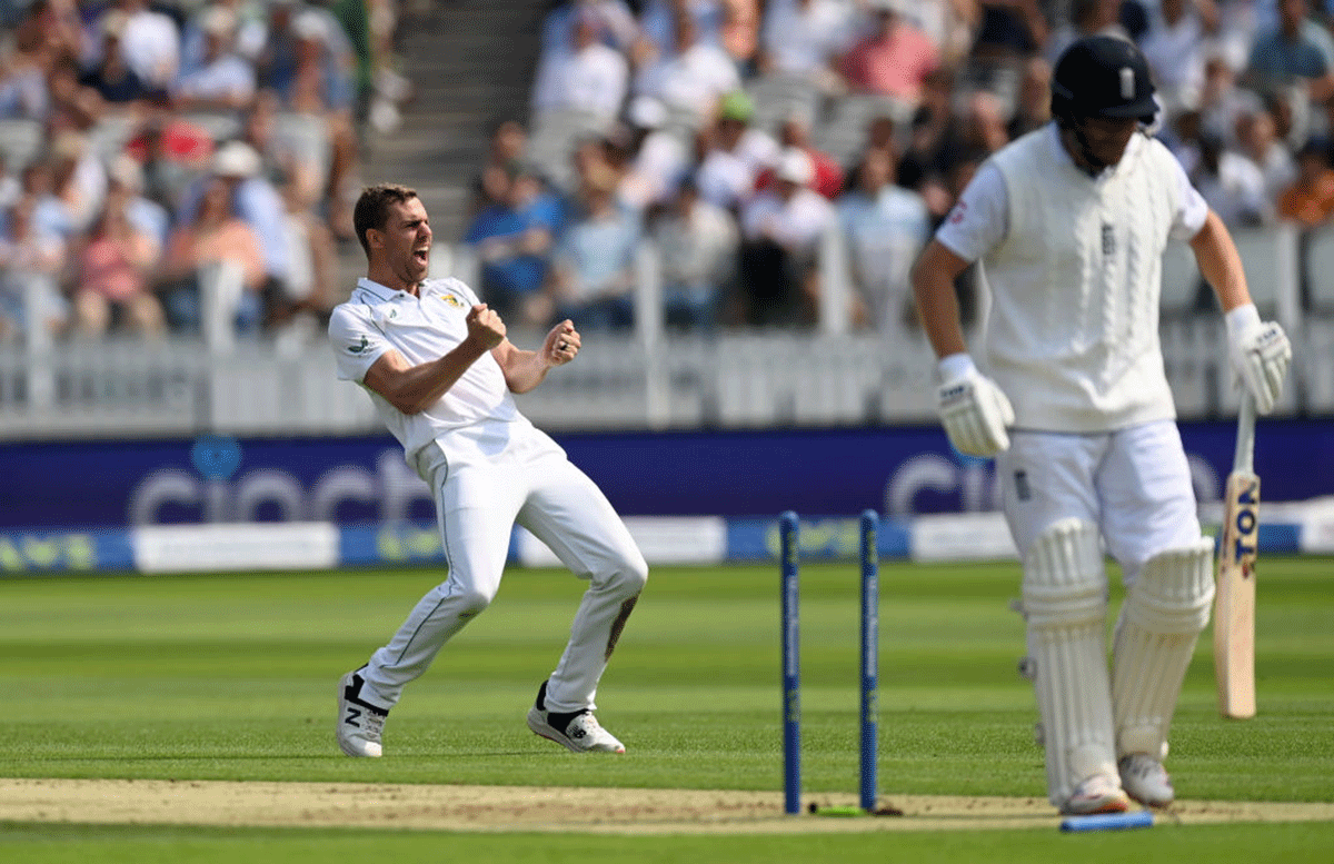 Anrich Nortje celebrates dismissing Jonathan Bairstow 