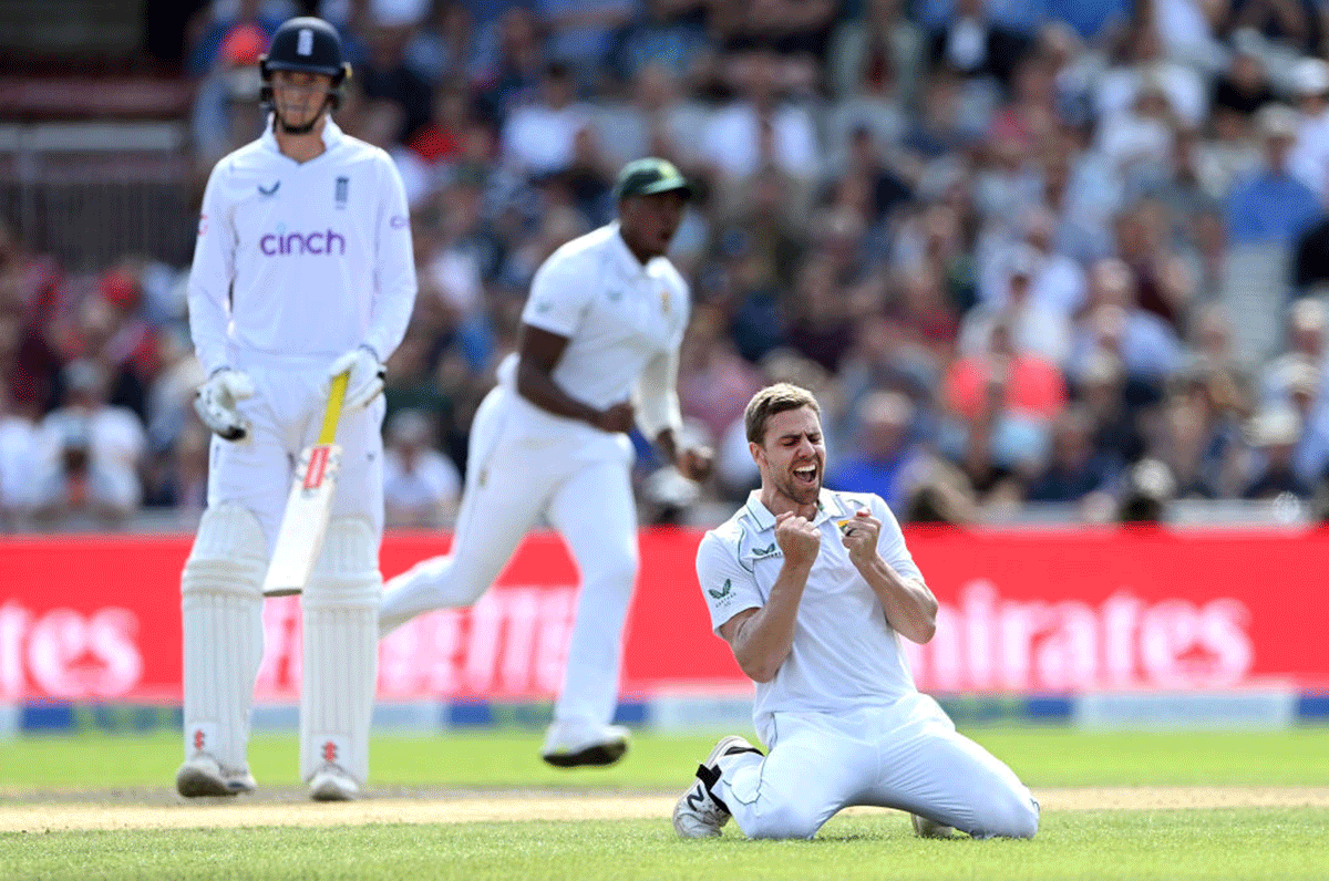 South Africa bowler Anrich Nortje celebrates after taking the wicket of Jonny Bairstow