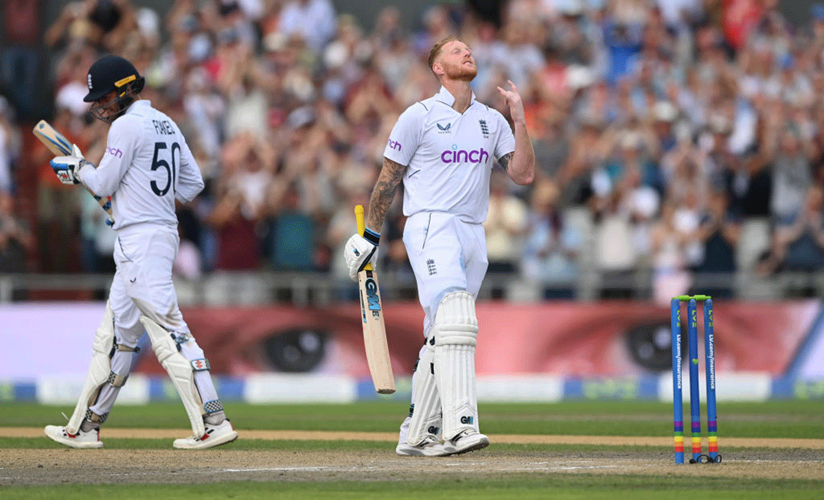 England batsman Ben Stokes celebrates on reaching his century 