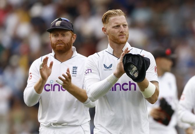 Ben Stokes and Johnny Bairstow acknowledge the applause form the crowd after the resounding victory over South Africa. 