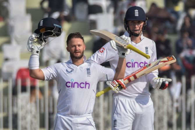 England's Ben Duckett celebrates after completing his century.