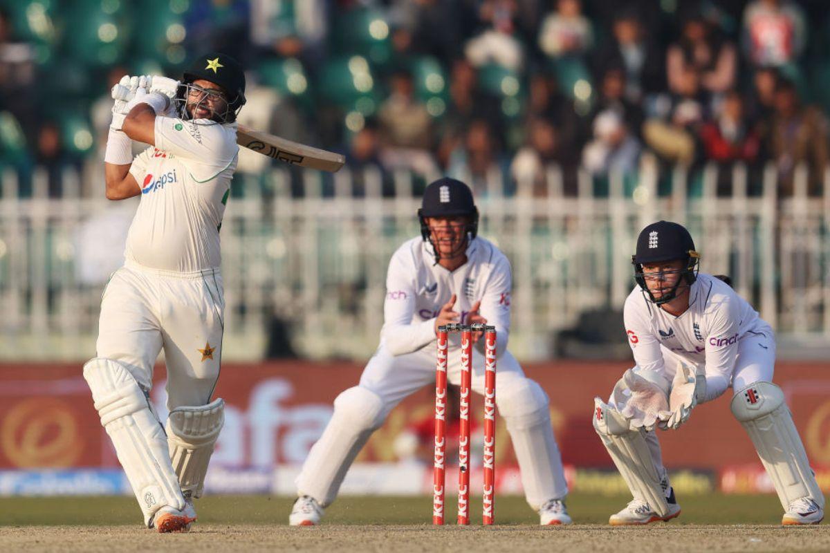 Imam-Ul-Haq of Pakistan hits the ball towards the boundary during the First Test Match between Pakistan and England