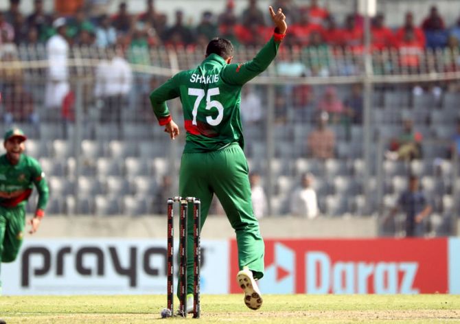 Shakib Al Hasan picked five wickets to send India crashing for 186 in the first ODI in Dhaka on Sunday.