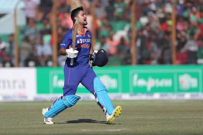 India's Ishaan Kishan celebrates his splendid double century