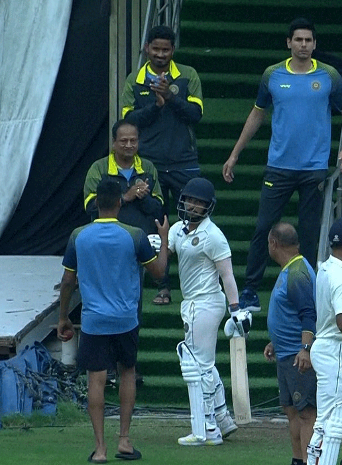 Hyderabad's Tanmay Agarwal is congratulated on scoring a century against Tamil Nadu on Tuesday