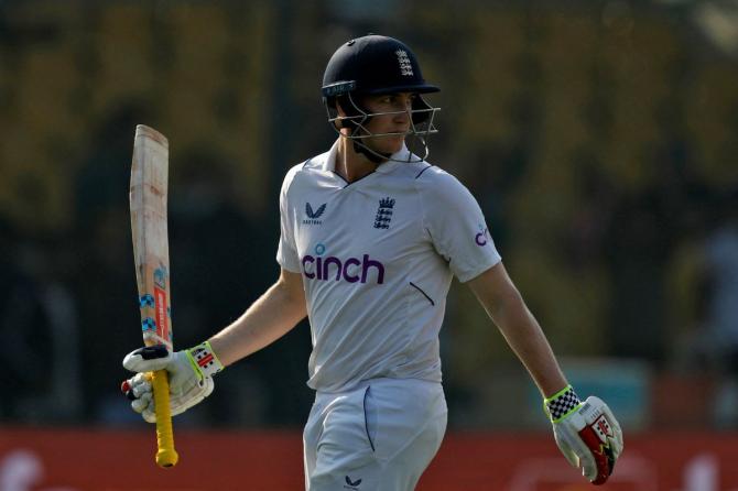 England's Harry Brook walks off the field after his dismissal.