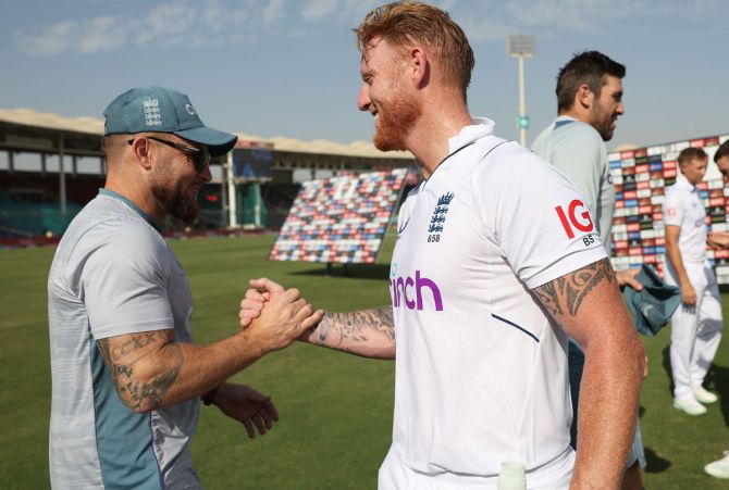 Ben Stokes celebrates with head coach Brendon McCullum after winning the Test against Pakistan on Tuesday