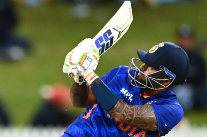  Suryakumar Yadav of India pulls the ball away for six runs