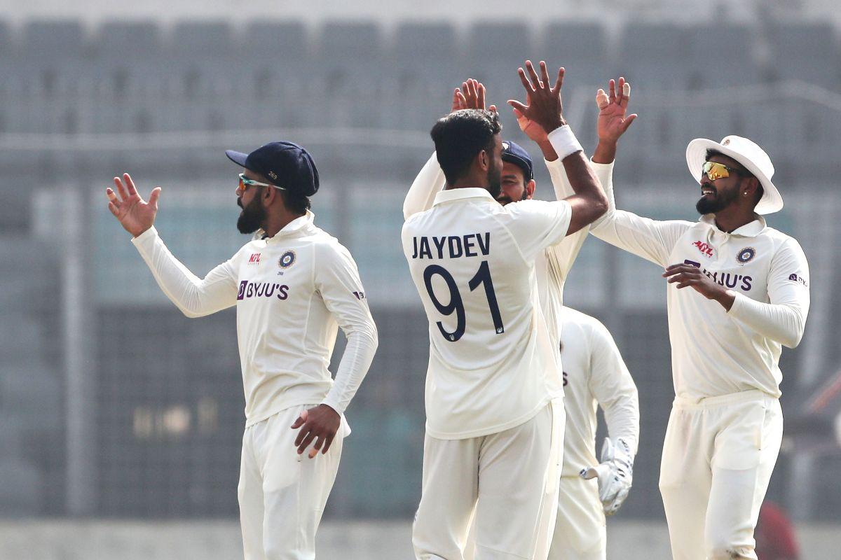 India's Jaydev Unadkat celebrates the dismissal of Bangladesh's skipper Shakib Al Hasan