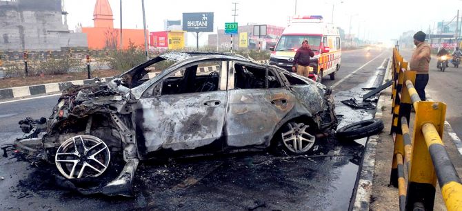 The charred remains of Rishabh Pant's car after it collided with a road divider on the Delhi-Dehradun highway and caught fire in Roorkee on Friday morning