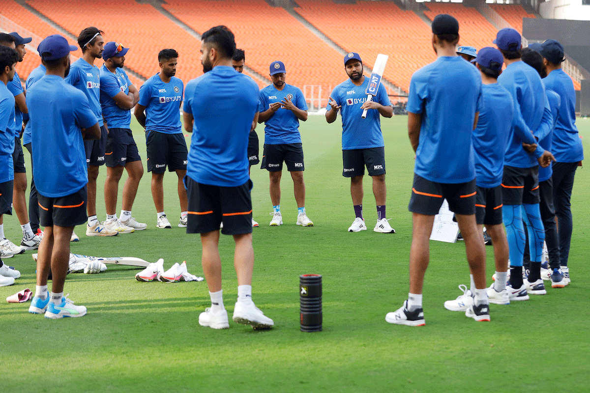 India captain Rohit Sharma presides over a team meeting before a training session on Friday