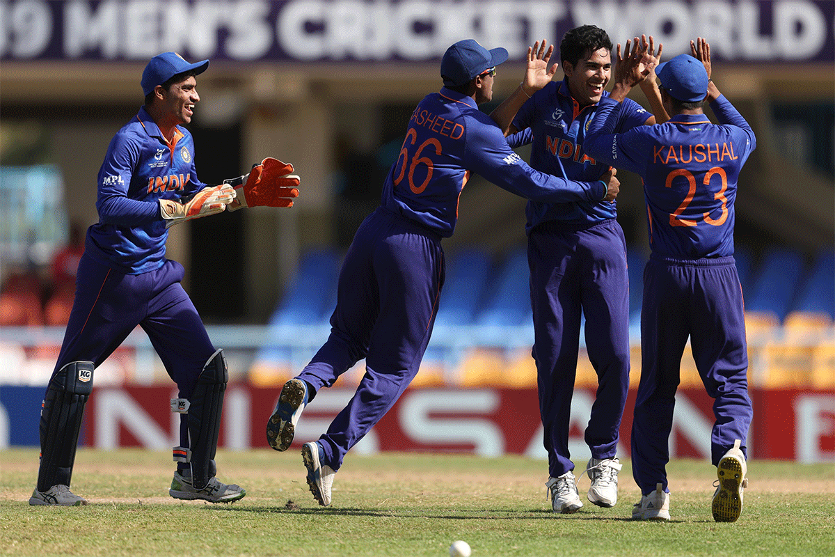 India's Raj Bawa celebrates the wicket of England's William Luxton