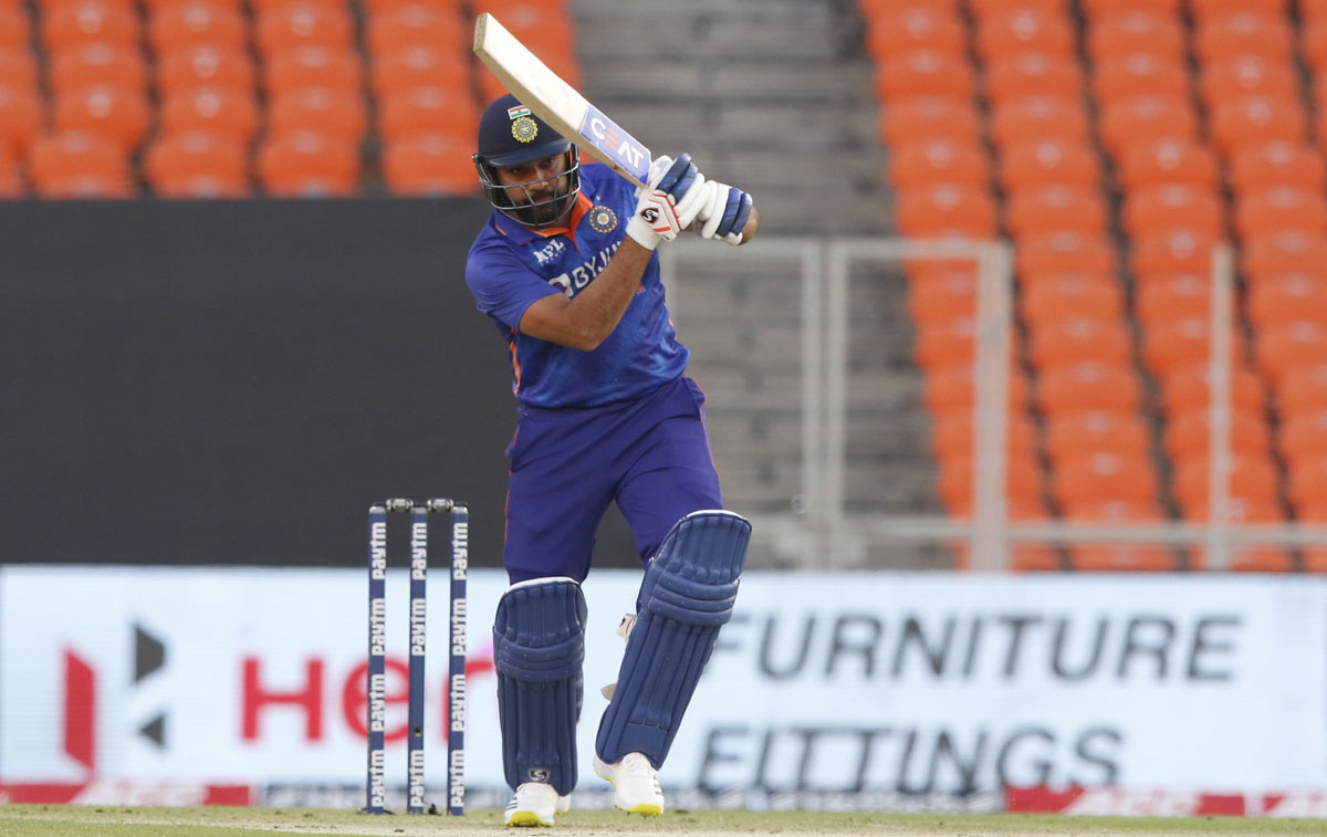 India opener Rohit Sharma plays a shot during his 51-ball 60 in the first One-Day International against the West Indies, in Ahmedabad, on Sunday.