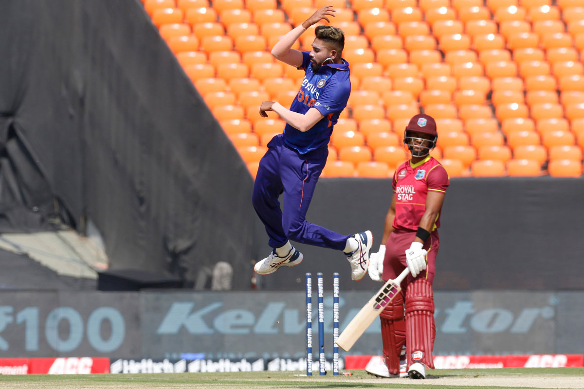 India pacer Mohammed Siraj celebrates dismissing West Indies opener Shai Hope during the first One-Day International, in Ahmedabad, on Sunday.