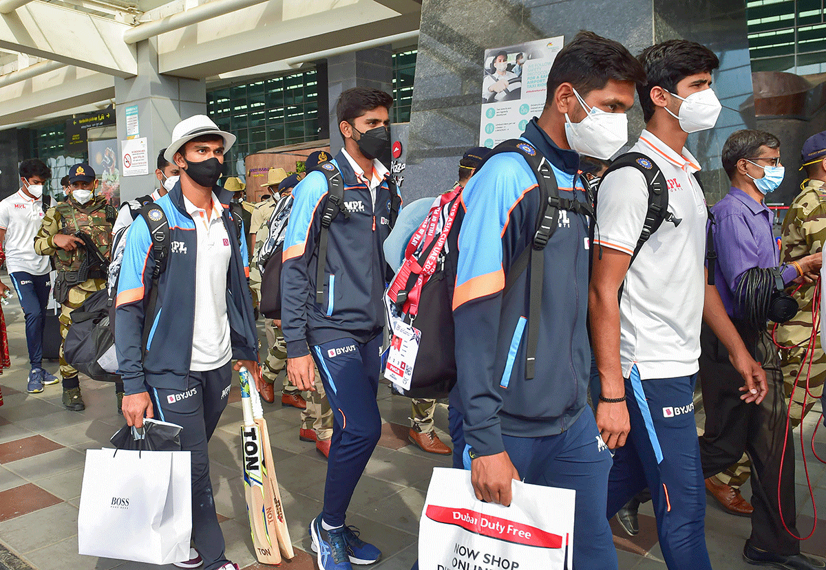 The India Under-19 World Cup-winning team members arrive in Bengaluru on Tuesday