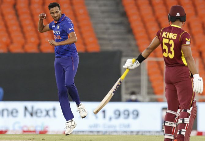 India pacer Prasidh Krishna celebrates dismissing West Indies opener Brandon King during the second One-Day International, in Ahmedabad, on Wednesday.