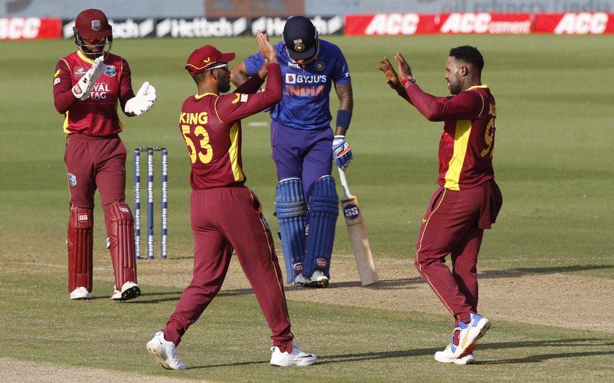 Fabian Allen celebrates the wicket of Suryakumar Yadav. 