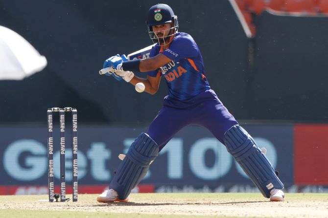 Shreyas Iyer dispatches the ball to the boundary.