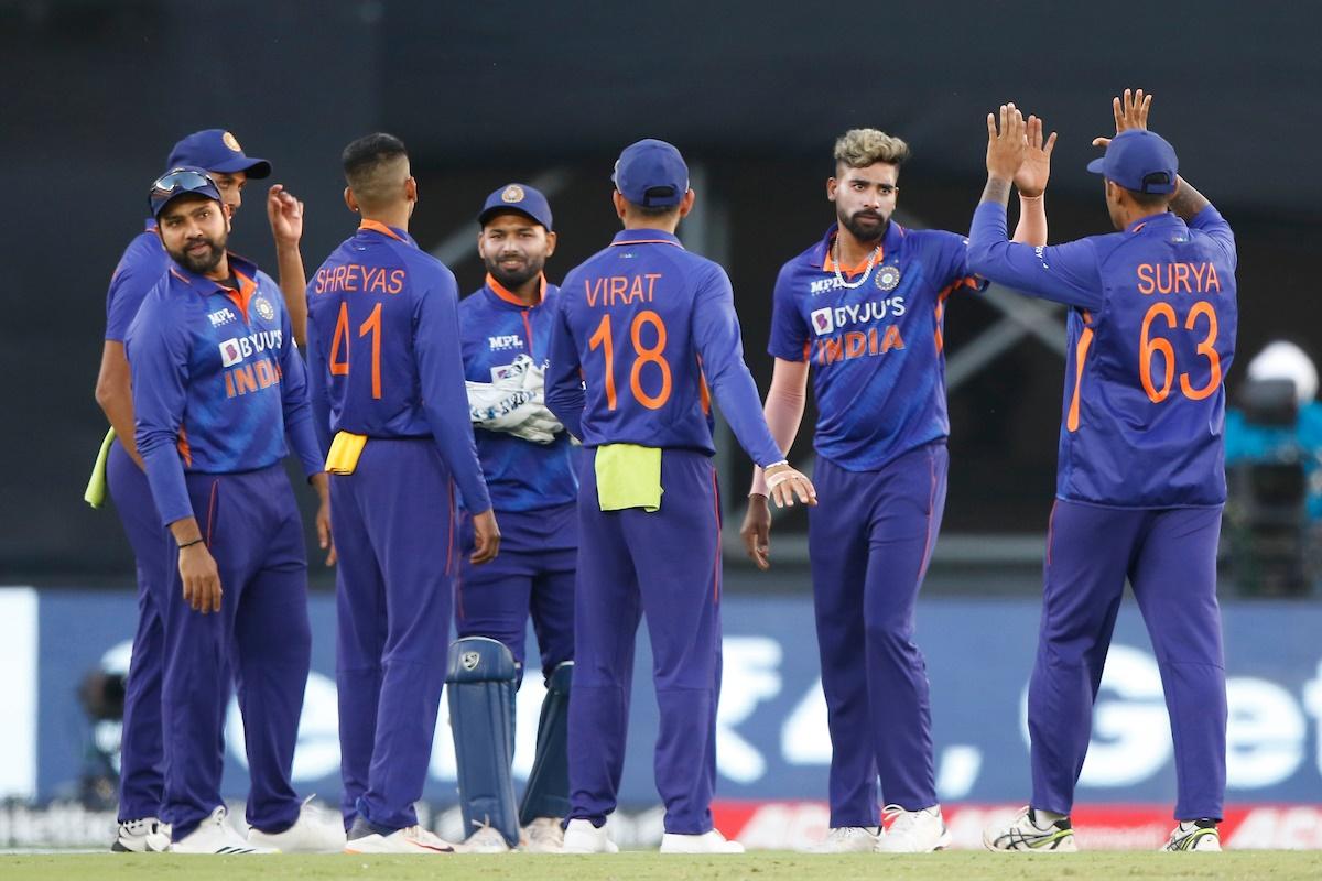 India pacer Mohd. Siraj celebrates with teammates after dismissing West Indies opener Shai Hope during the third One-Day International, in Ahmedabad, on Friday.