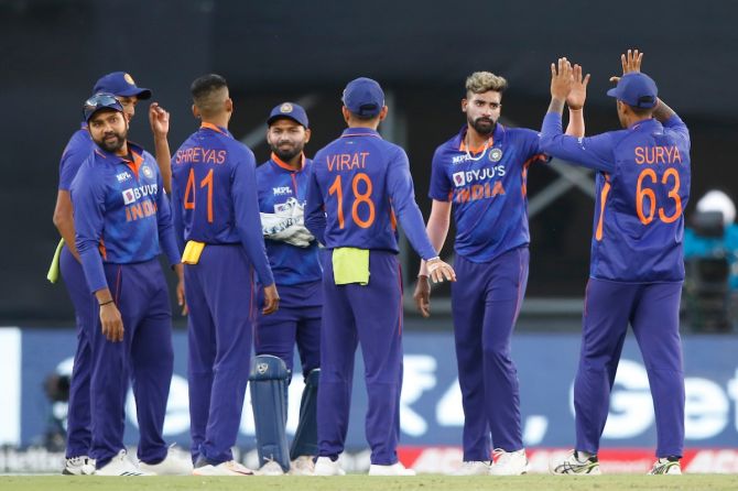 India pacer Mohd. Siraj celebrates with teammates after dismissing West Indies opener Shai Hope during the third One-Day International, in Ahmedabad, on Friday.