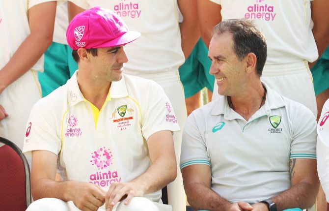 Captain Pat Cummins and head coach Justin Langer share a light moment during an Australia nets session at Sydney Cricket Ground on January 03, 2022.