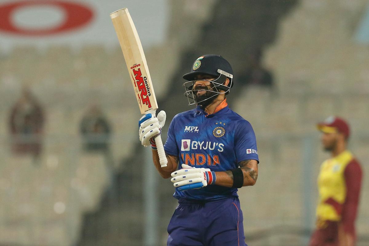 India's Virat Kohli celebrates after completing a half-century, his 30th, in the second T20 International against the West Indies, at the Eden Gardens in Kolkata, on Friday. 