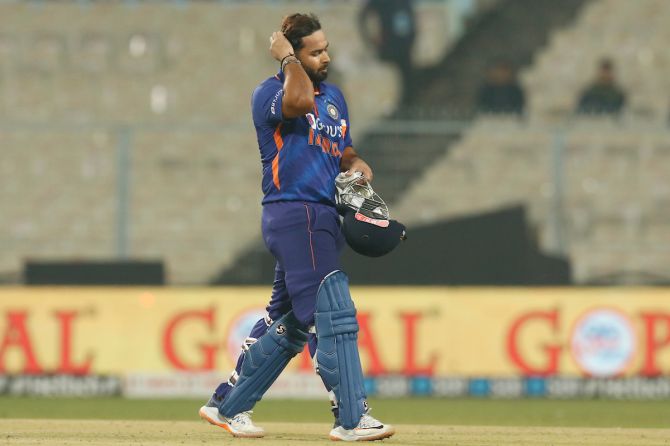 India's wicketkeeper-batter Rishabh Pant walks back after scoring an unbeaten 52 off 28 balls during the second T20 International against the West Indies, at the Eden Gardens in Kolkata, on Friday.