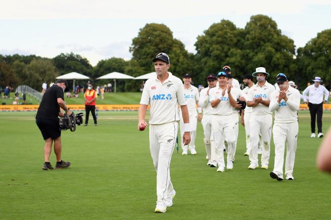 Pacer Tim Southee leads the New Zealand team off the Hagley Oval after an innings and 276-run victory over South Africa in the first Test, in Christchurch on Saturday.
