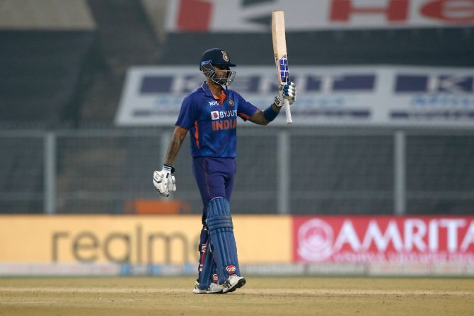 India's Suryakumar Yadav, who scored 7 sixes and a four during his 65 off just 31 balls, celebrates his fifty during the third T20I against the West Indies, at the Eden Gardens in Kolkata, on Sunday.