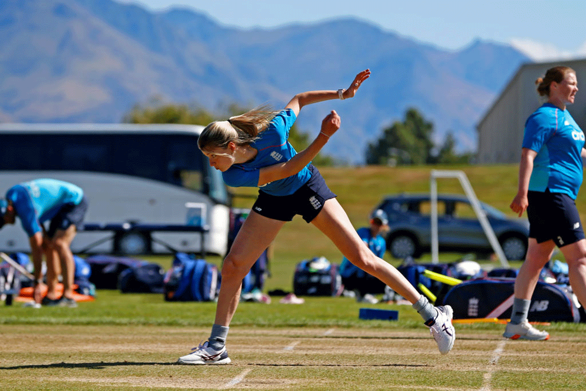 England's Lauren Bell bowls during an England Women's training session at John Davies Oval in Queenstown, New Zealand on Wednesday, in preparation for the ICC Women's World Cup starting on March 4