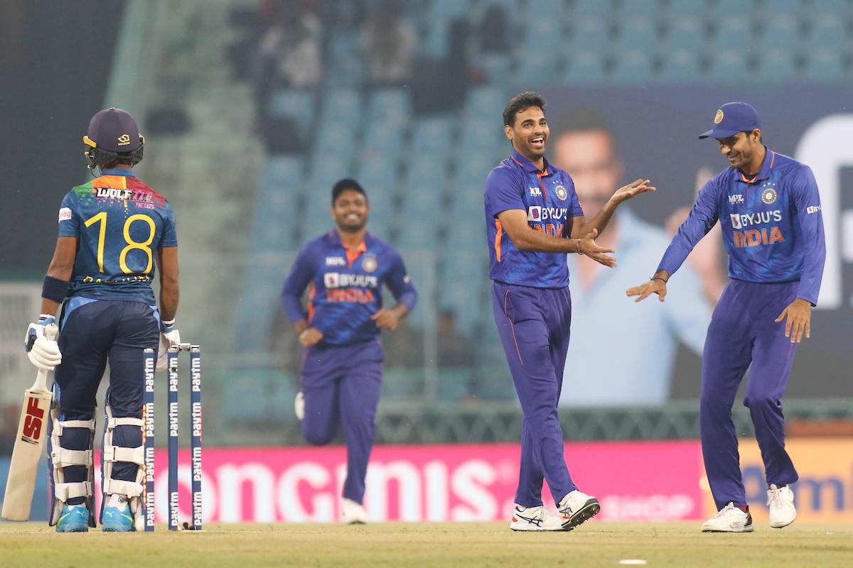 India pacer Bhuvneshwar Kumar celebrates dismissing Sri Lanka opener Pathum Nissanka.