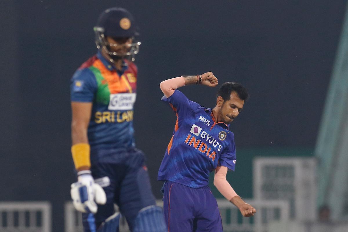 Yuzvendra Chahal reacts after dismissing Sri Lanka's captain Dasun Shanaka.