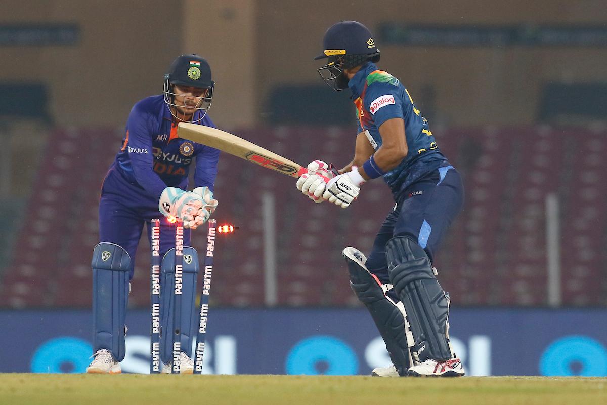 Dinesh Chandimal is stumped by wicketkeeper Ishan Kishan off Ravindra Jadeja's bowling.