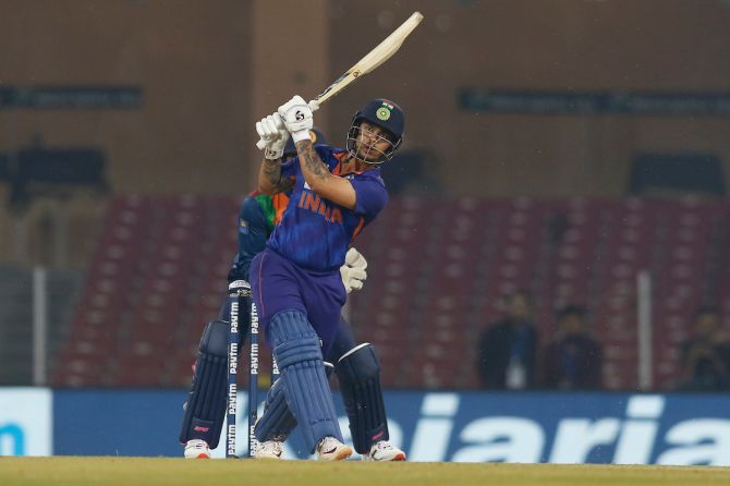 India opener Ishan Kishan sends the ball over the boundary during the first T20 International against Sri Lanka, in Lucknow, on Thursday.