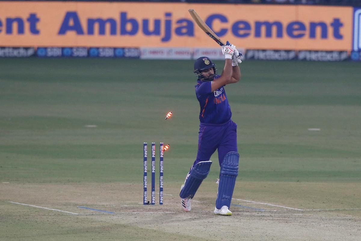 Rohit Sharma is bowled by Lahiru Kumara.