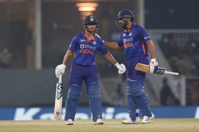 Ishan Kishan is congratulated by skipper Rohit Sharma after completing a brilliant 50.