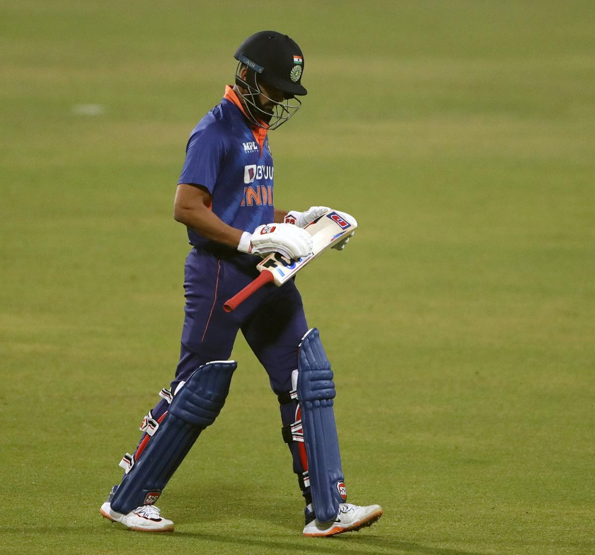 India opener Ruturaj Gaikwad walks back to the pavilion after being dismissed in the third T20I against the West Indies at Eden Gardens, in Kolkata, on February 20, 2022.