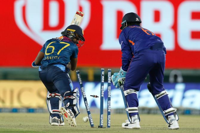 Janith Liyanage is bowled by Ravi Bishnoi.