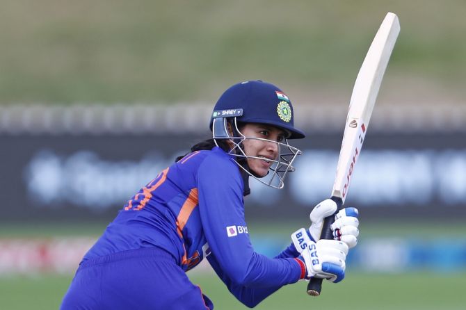 India's Smriti Mandhana bats during the fourth ODI against New Zealand, at John Davies Oval in Queenstown, New Zealand, on February 22, 2022.