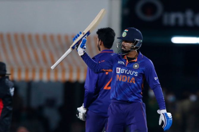 India's Shreyas Iyer celebrates completing a half-century during the third T20 International against Sri Lanka, in Dharamsala, on Sunday. 