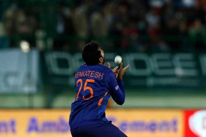 Venkatesh Iyer catches Sri Lanka opener Pathum Nissanka off Avesh Khan's bowling.