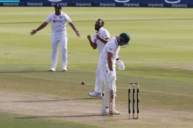 India pacer Mohammed Shami celebrates after trapping South Africa opener Aiden Markram leg before wicket.