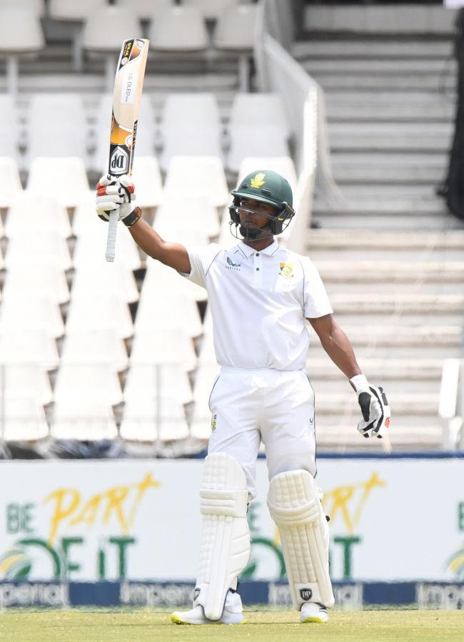 South Africa's Keegan Petersen celebrates his maiden Test half century during Day 2 of the second Test against India, in Johannesburg, on Tuesday. 