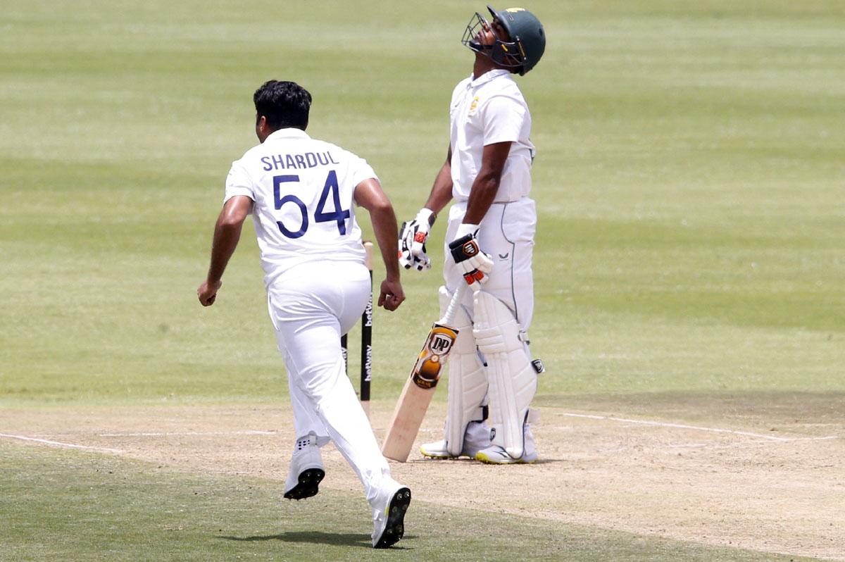 A jubilant Shardul Thakur after taking the wicket of Keegan Petersen. 