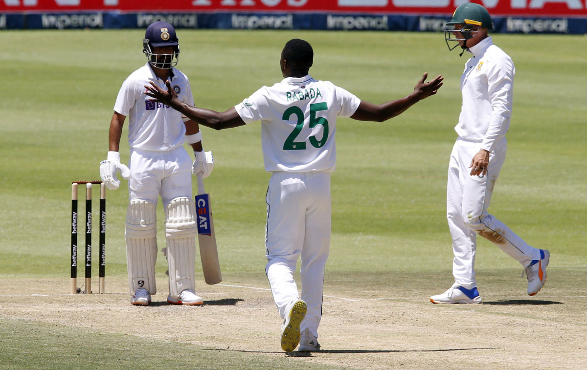 Kagiso Rabada celebrates taking the wicket of Ajinkya Rahane 